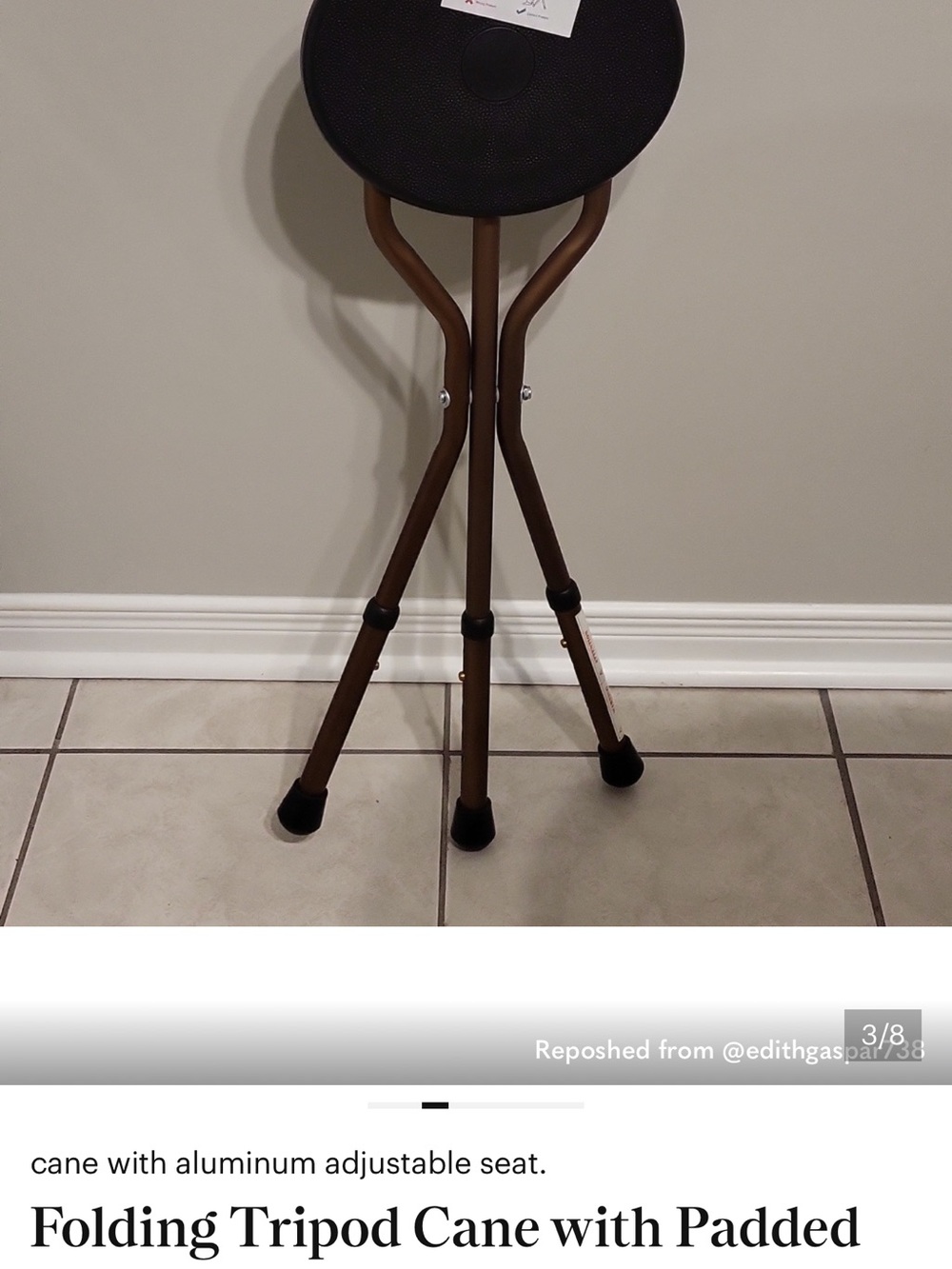 Folding Tripod Stool with Padded Seat - Black/Bronze - Picture 5 of 6